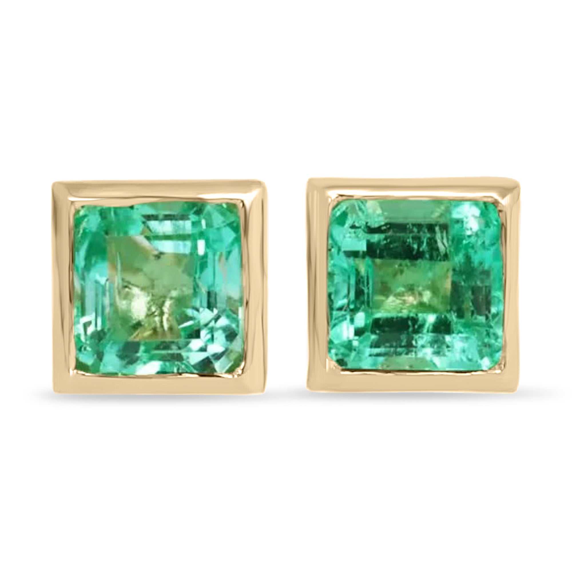 0.90tcw Princess Cut Natural Emerald Bezel Set Stud Earrings 14K