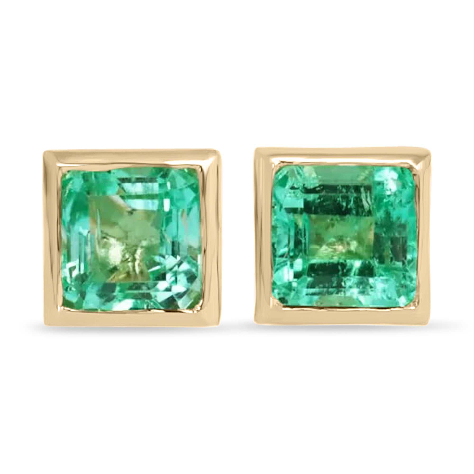 0.90tcw princess cut natural emerald stud earrings bezel set in 14K yellow gold
