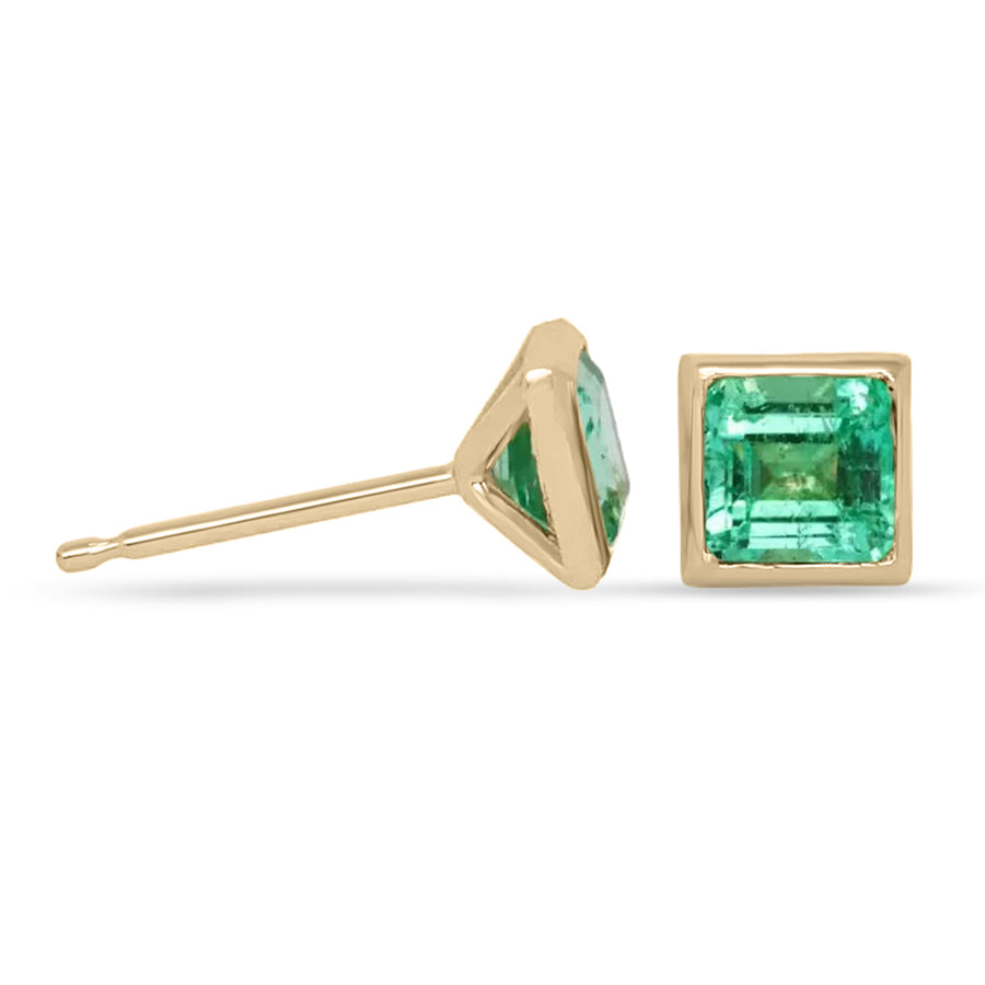 Princess cut Top green martini Bezel stud Colombian emerald earrings