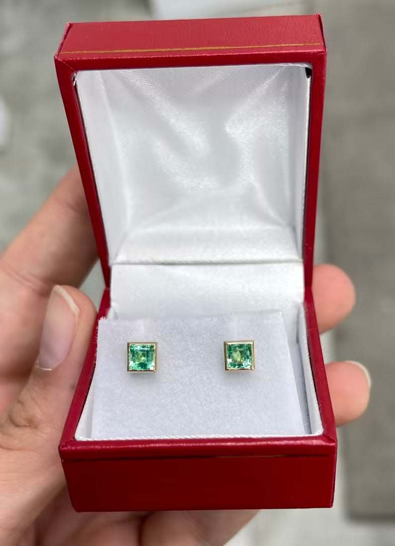 0.90tcw Princess Cut Natural Emerald Bezel Set Stud Earrings 14K