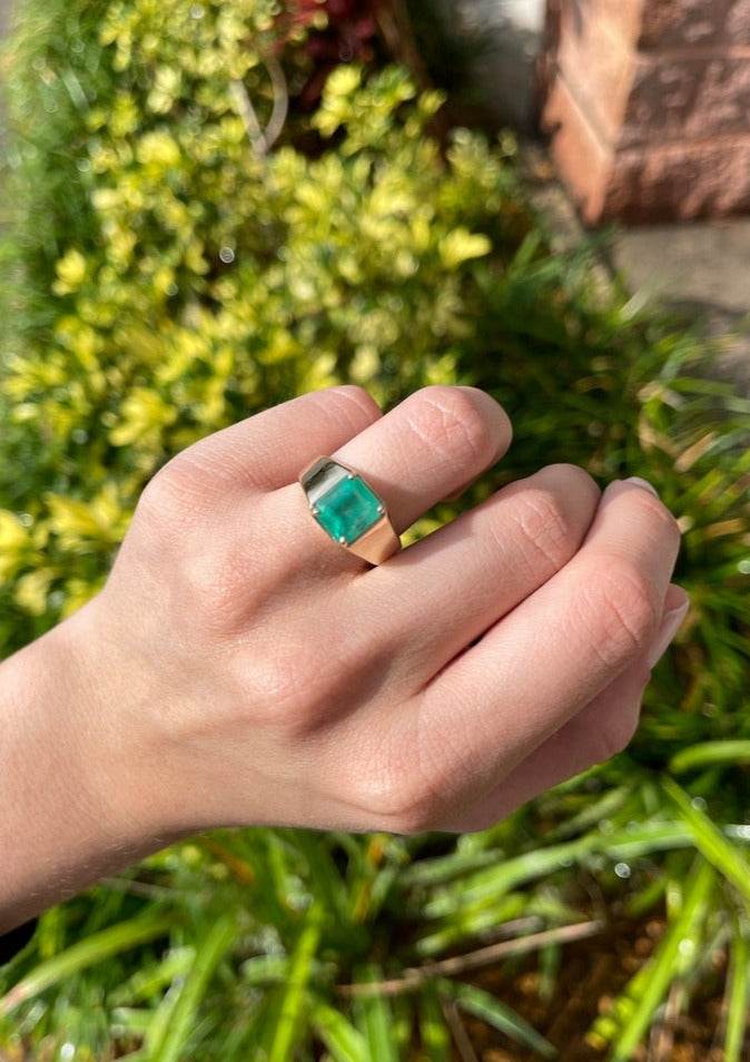 Big 3.63 Carat Emerald Cut Green Emerald Mens Boss Ring
