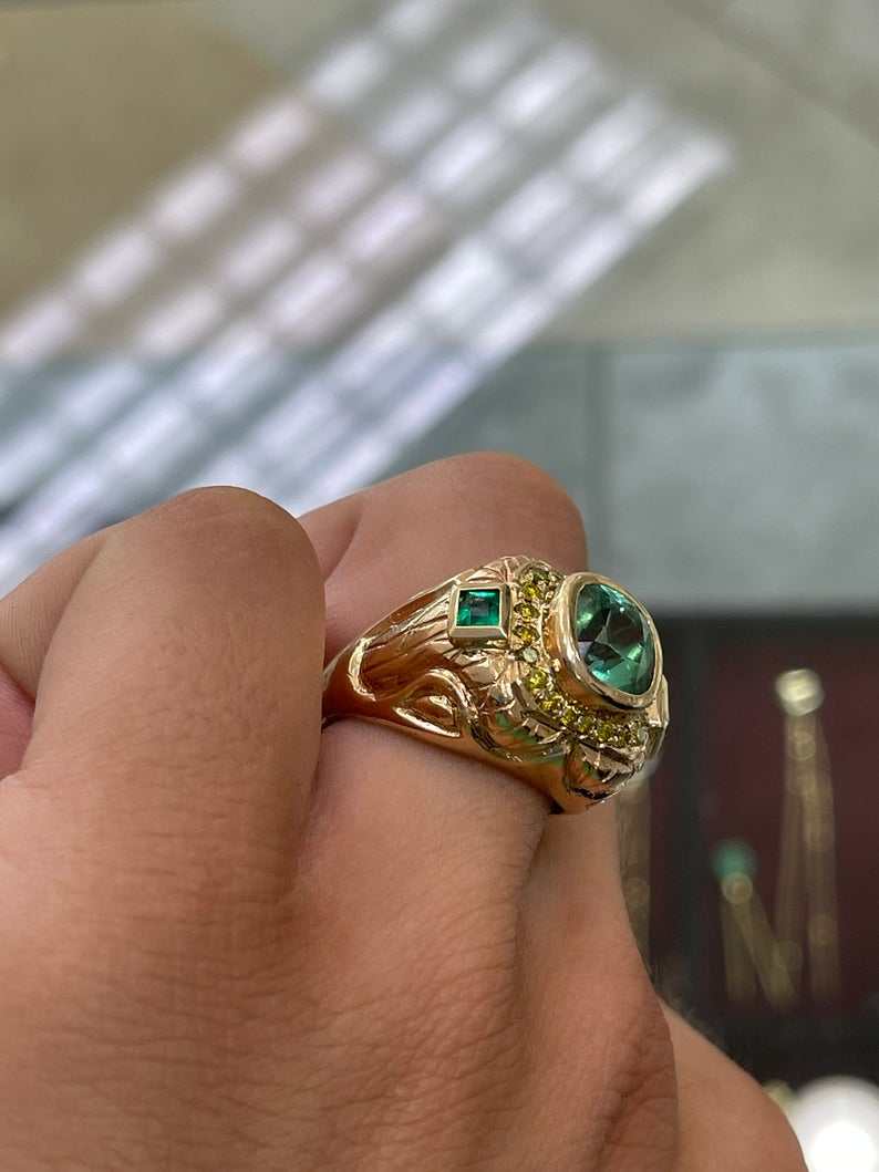 4.18tcw 14K Colombian Emerald Cushion & Princess Emerald Yellow Diamond Accent Mens Ring