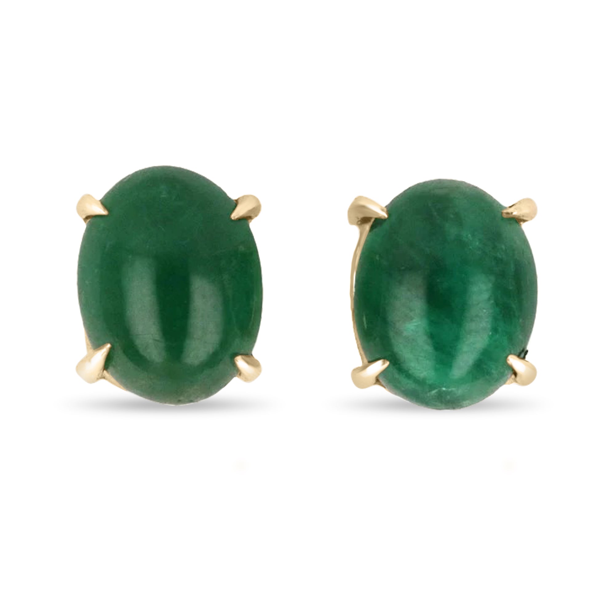 Dark forest green oval cabochon emerald stud earrings in 14K yellow gold four-prong setting