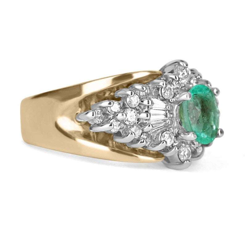 1.60tcw 14K Cocktail Colombian Emerald Oval & Brilliant Round Baguette Diamond 1980s Vintage Statement Ring