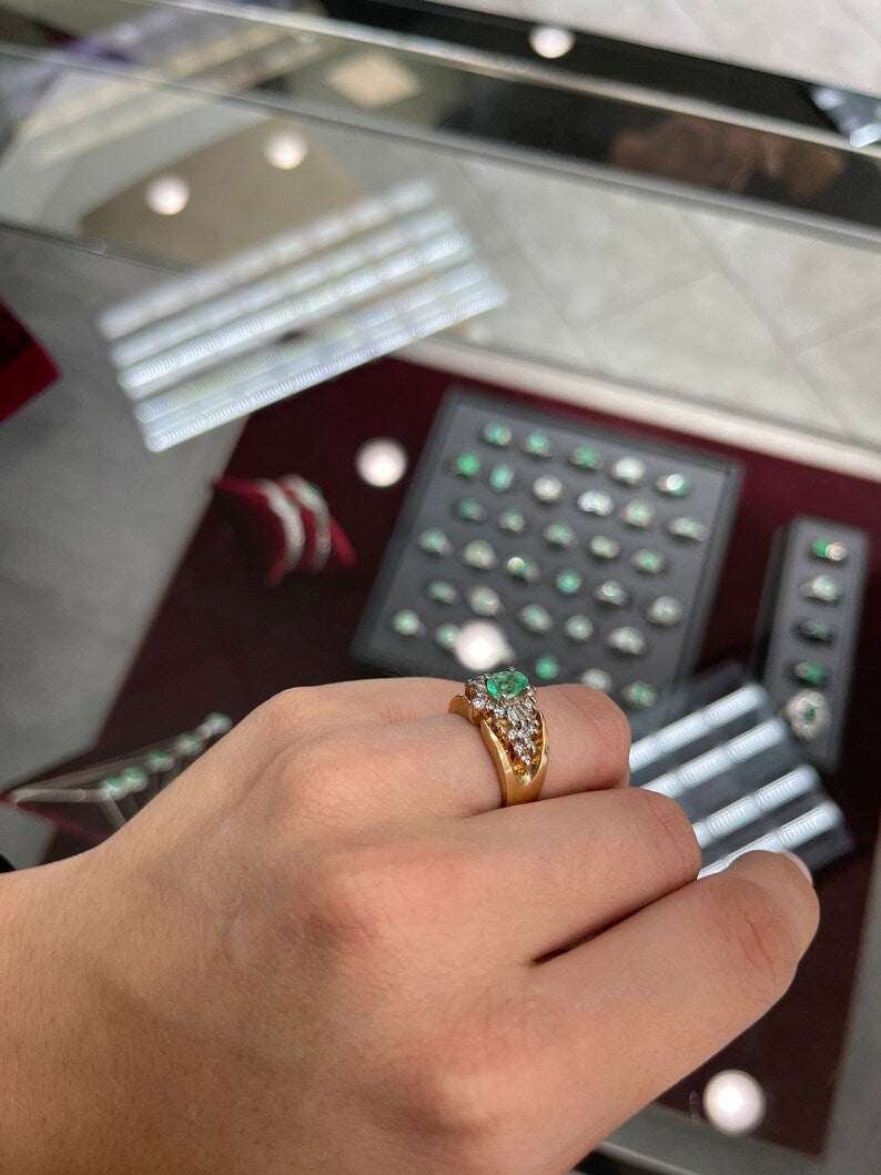 1.60tcw 14K Cocktail Colombian Emerald Oval & Brilliant Round Baguette Diamond 1980s Vintage Statement Ring