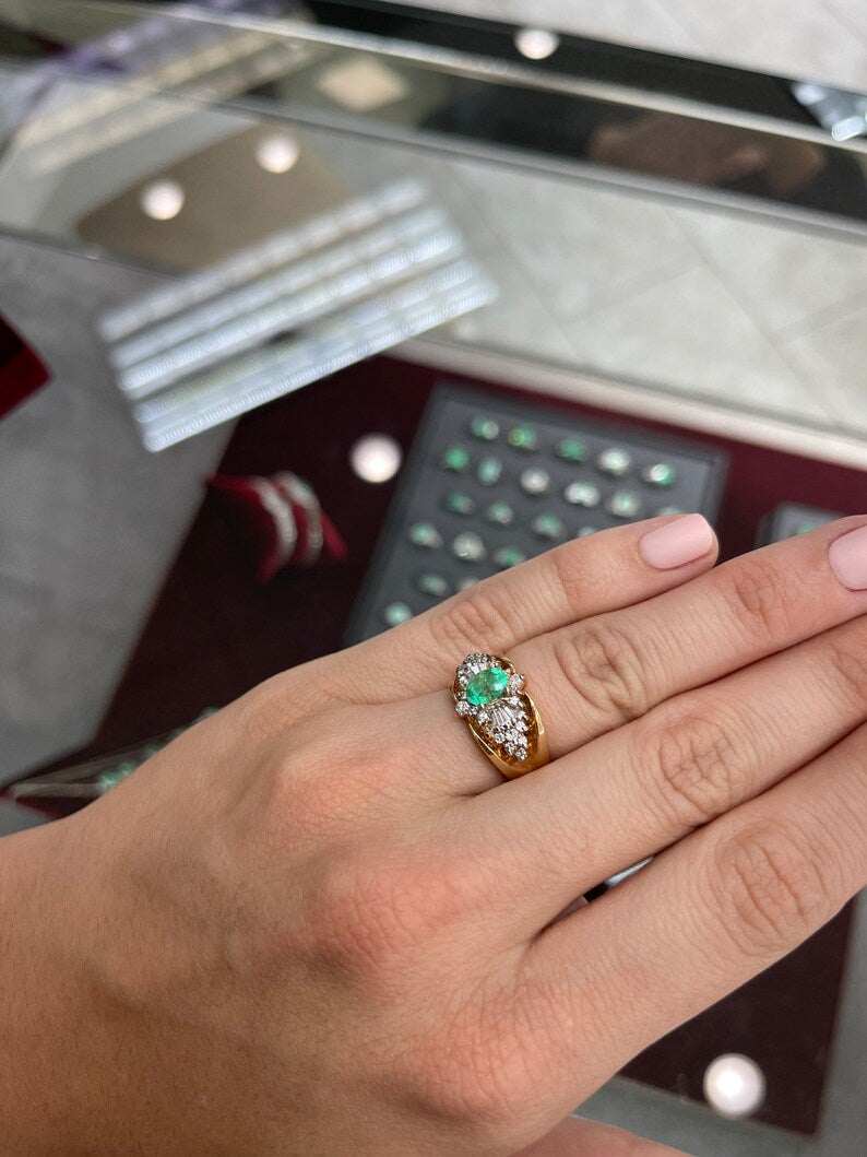 1.60tcw 14K Cocktail Colombian Emerald Oval & Brilliant Round Baguette Diamond 1980s Vintage Statement Ring