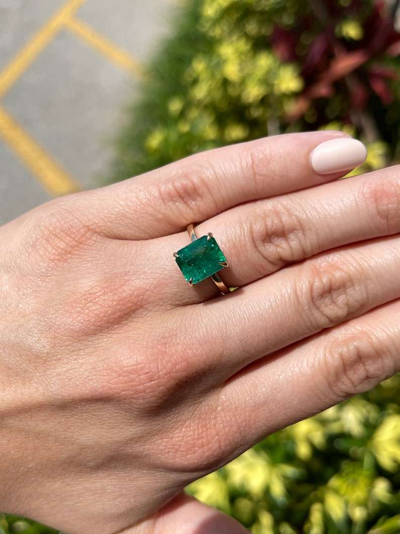 Emerald Dark Green Yellow Gold Engagement Ring