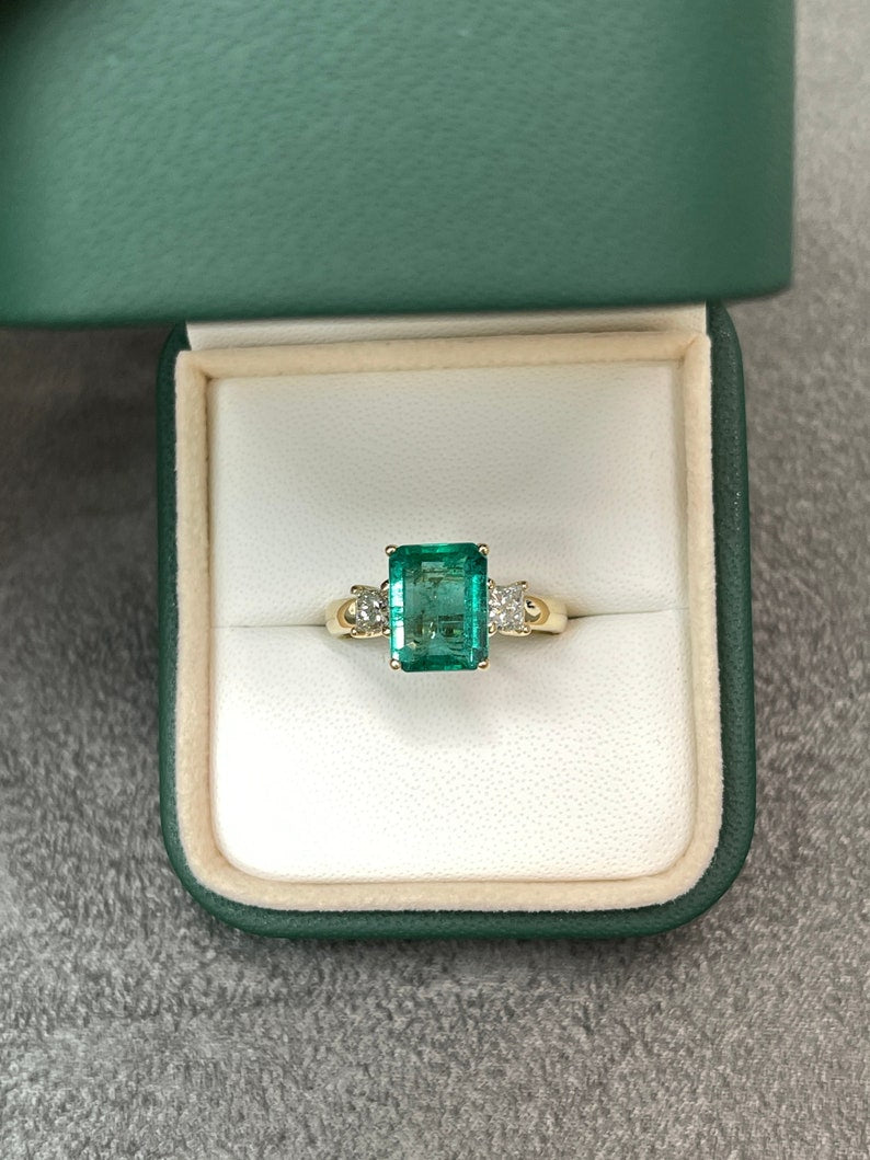 Natural Emerald Princess Cut Diamond Three Stone Semi-Transparent Ring