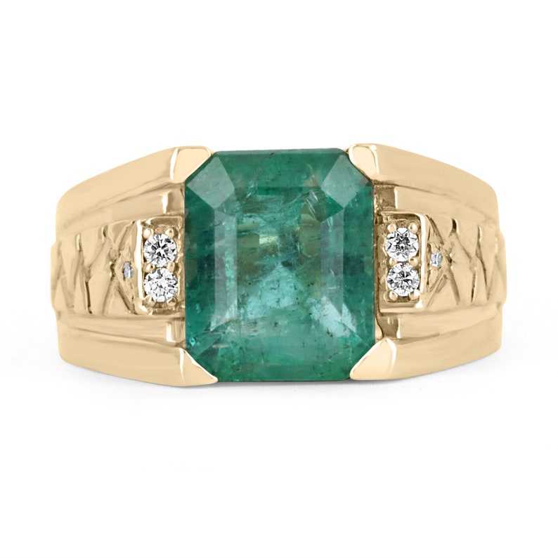 14K Natural Emerald and Diamond Mens Statement Ring