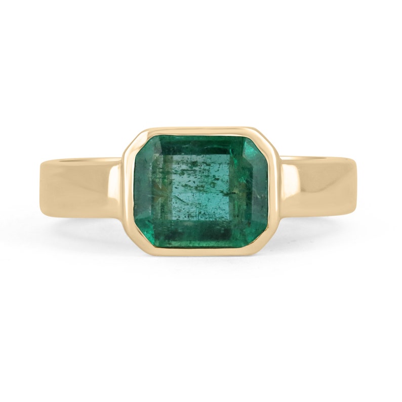 2.40cts 14K yellow gold ring with natural emerald cut dark green solitaire gemstone