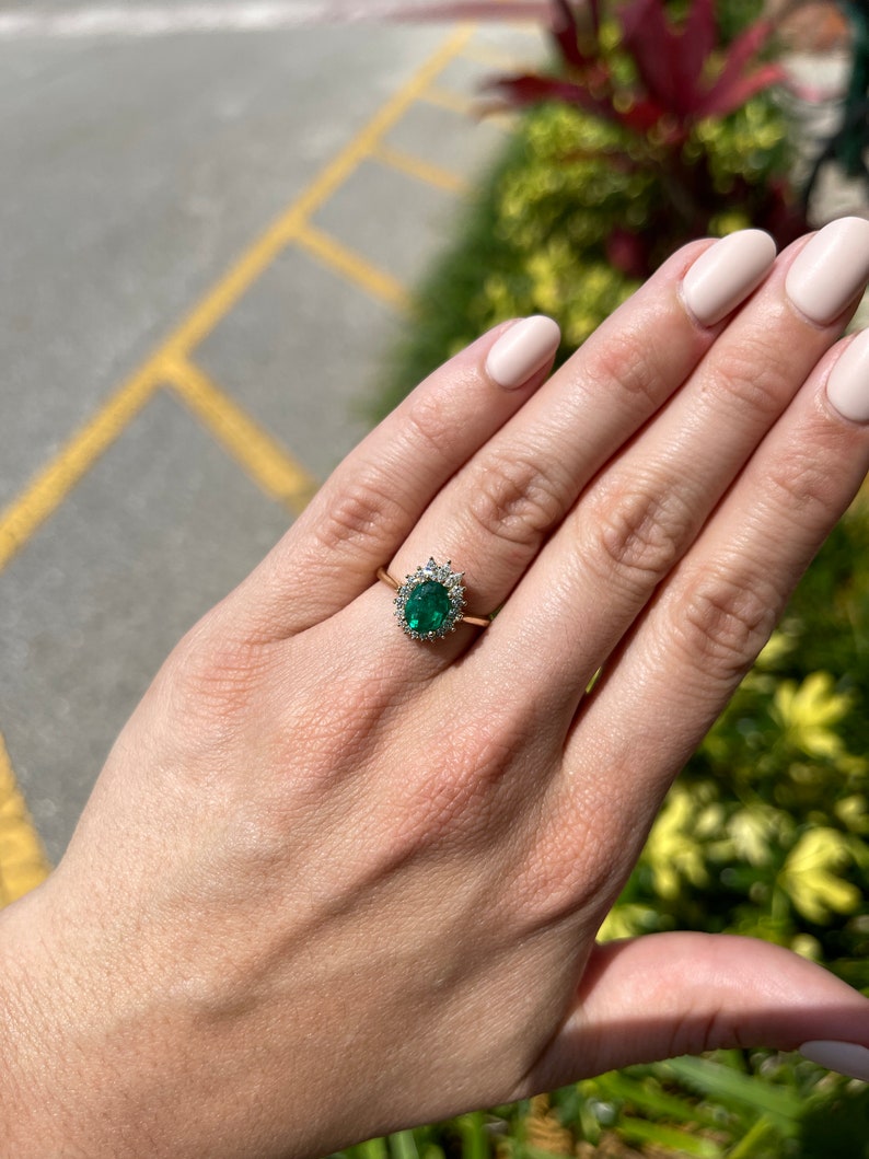 14K Colombian Emerald & Diamond Halo Tiara Oval Cut Engagement Ring