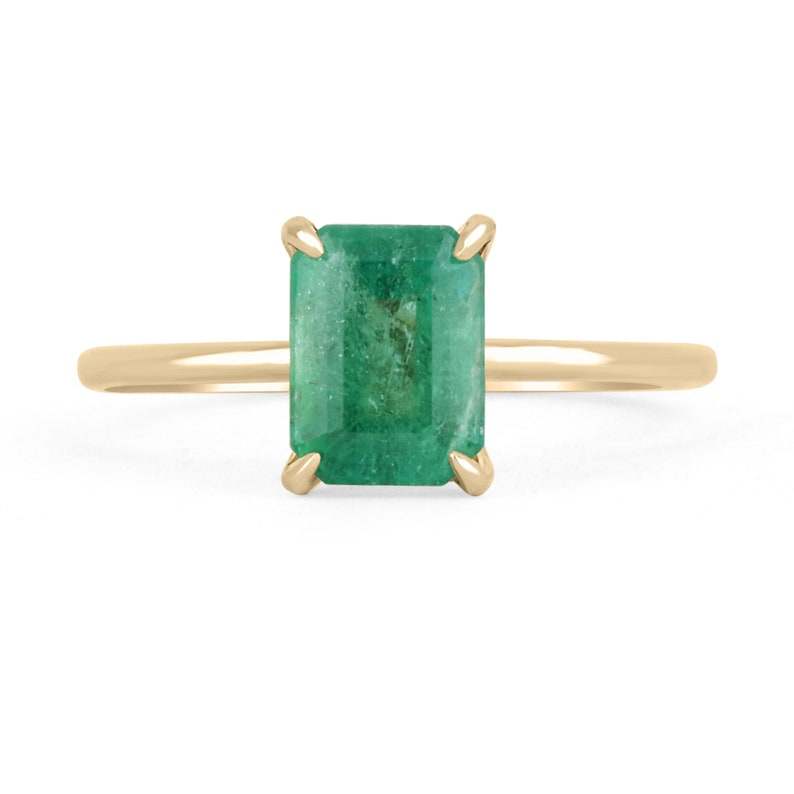 14K dainty petite yellow gold ring with 1.40cts emerald cut solitaire emerald gemstone