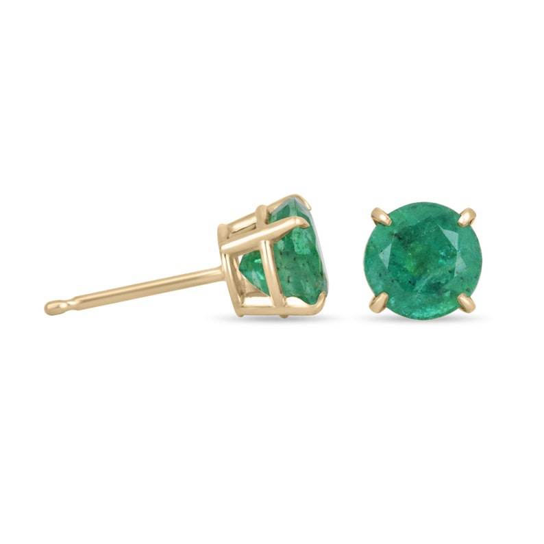 Colombian Emerald 2.0tcw round shape earrings with dark green natural emeralds in 14K gold four-prong setting