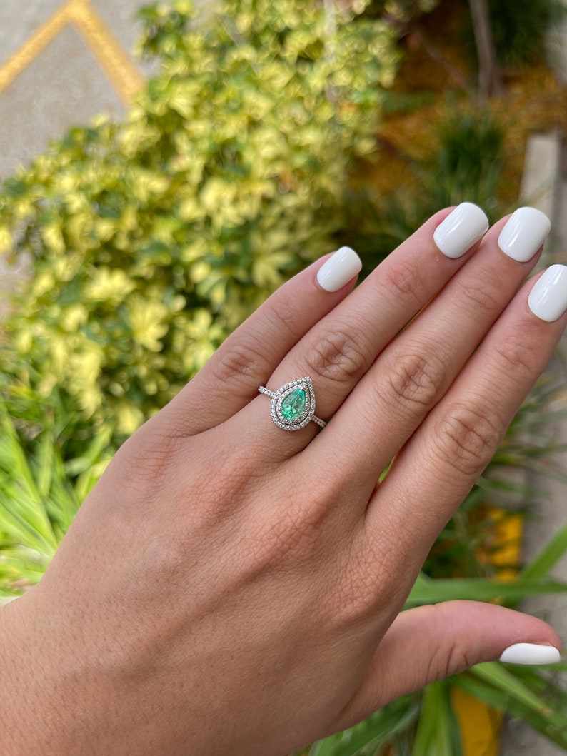 1.30tcw Emerald-Pear Cut & Diamond Double Halo Engagement Ring 14K - JR Colombian Emeralds