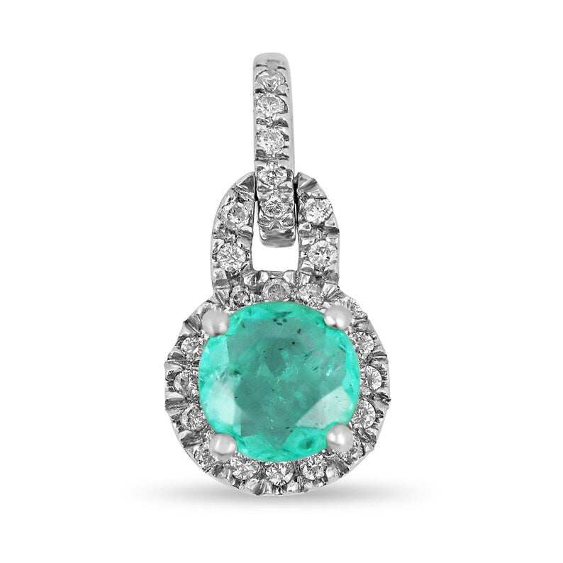 1.10tcw Emerald Round Cut & Diamond Halo Accent White Gold Pendant 14K