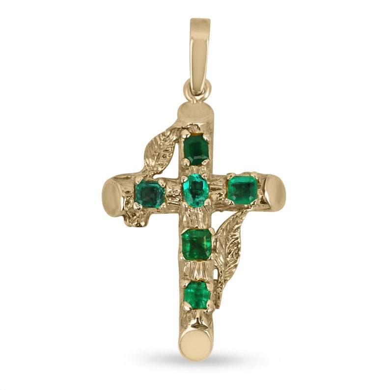 1.75tcw 14K yellow gold cross pendant with six vivid green natural emeralds in mixed cuts including emerald and oval shapes