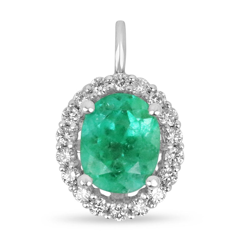 3.25tcw 14K white gold pendant with oval cut spring green emerald and diamond halo