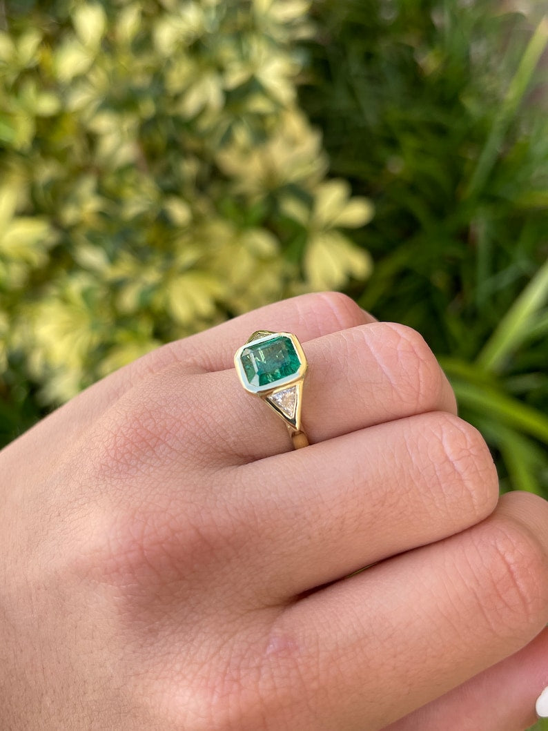 3.66tcw 18K High Quality 3 Stone Emerald & Trillion Cut Diamond Bezel Ring - JR Colombian Emeralds