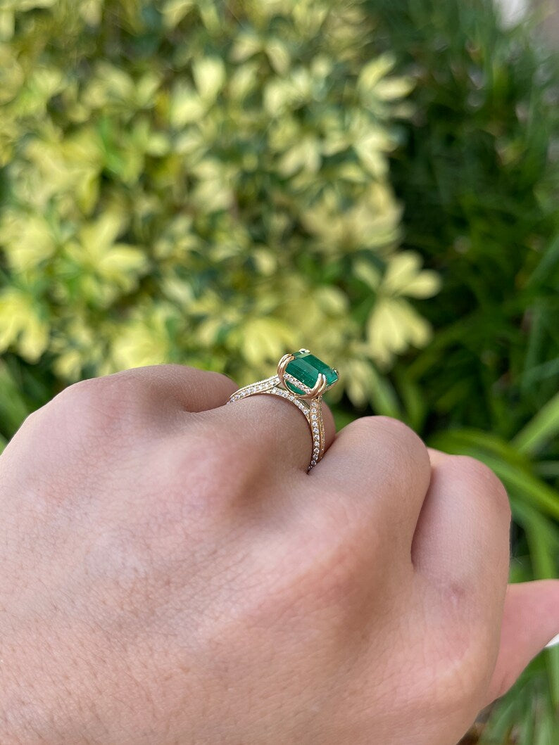 5.97tcw AAA Minor Oil 18K Top Green Emerald & Pave Round Diamond Gold Accents Engagement Ring - JR Colombian Emeralds