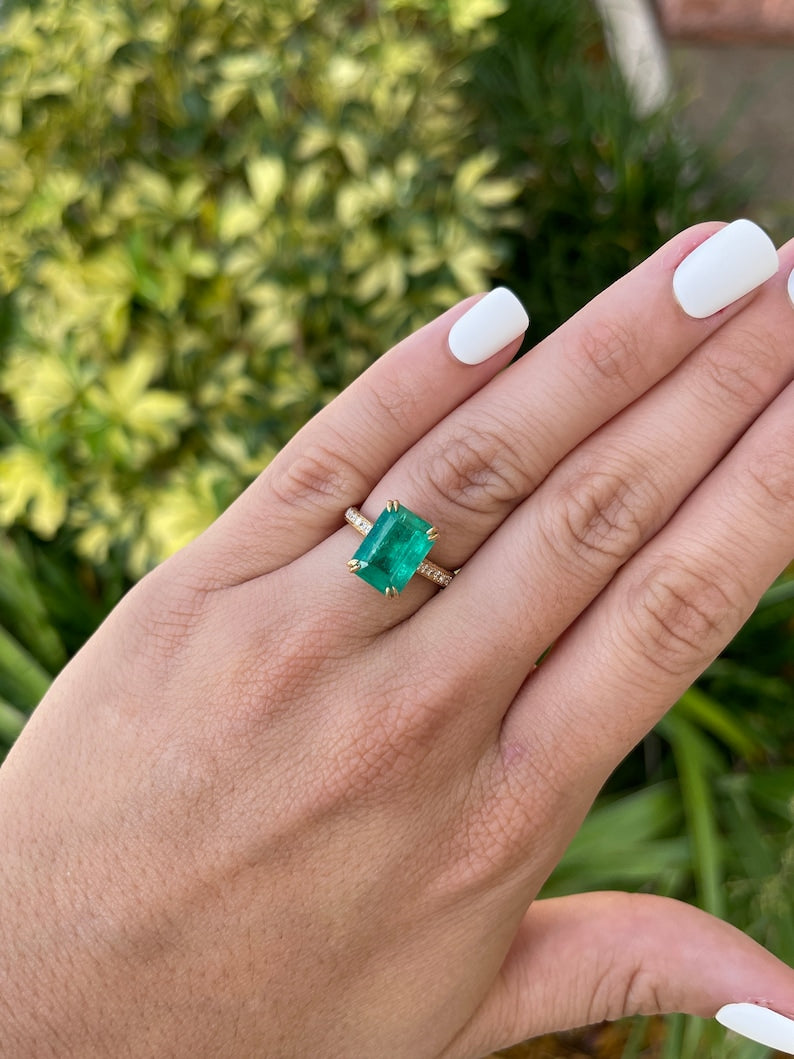 5.97tcw AAA Minor Oil 18K Top Green Emerald & Pave Round Diamond Gold Accents Engagement Ring - JR Colombian Emeralds