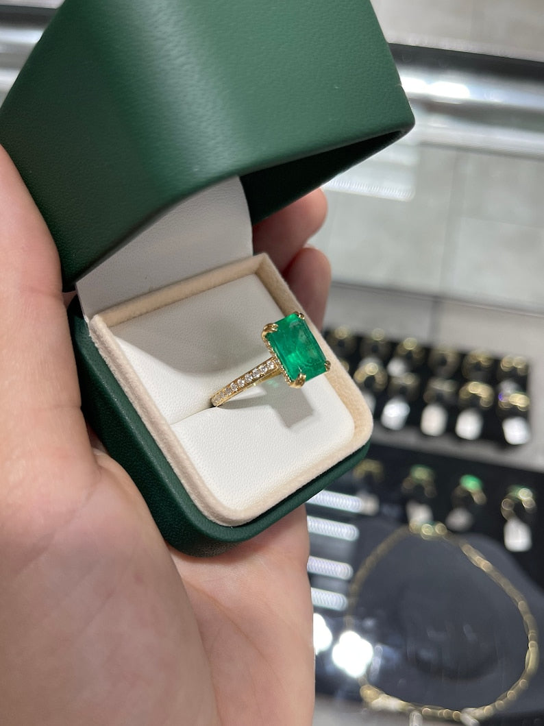 5.97tcw AAA Minor Oil 18K Top Green Emerald & Pave Round Diamond Gold Accents Engagement Ring - JR Colombian Emeralds