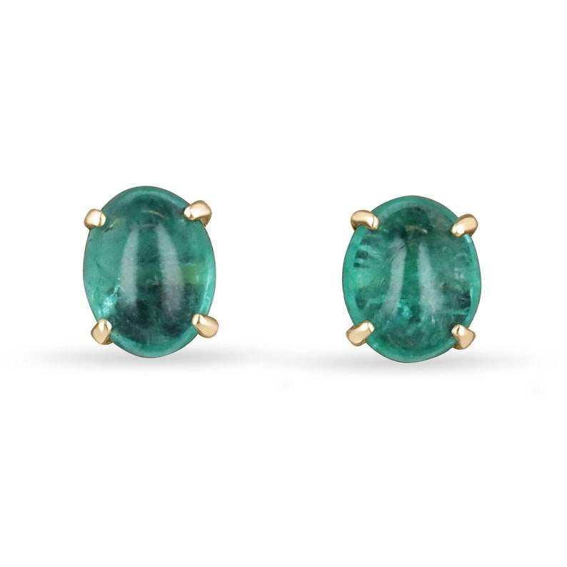 4.34tcw 14K oval cut cabochon emerald stud earrings in yellow gold.