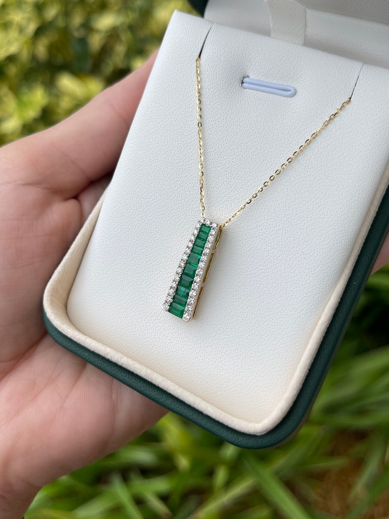 1.53tcw 14K Geometric Natural Baguette Channel Set Emerald Brilliant Round Diamond Gold Pendant - JR Colombian Emeralds