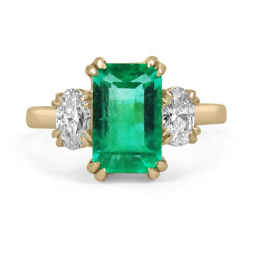 Medium Dark Green Emerald & Oval Cut Diamond 3 Stone Solid Gold Engagement Rings