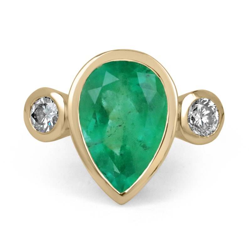 8.0tcw 18K Pear Teardrop Emerald & Round Diamond Three Stone Gold Ring