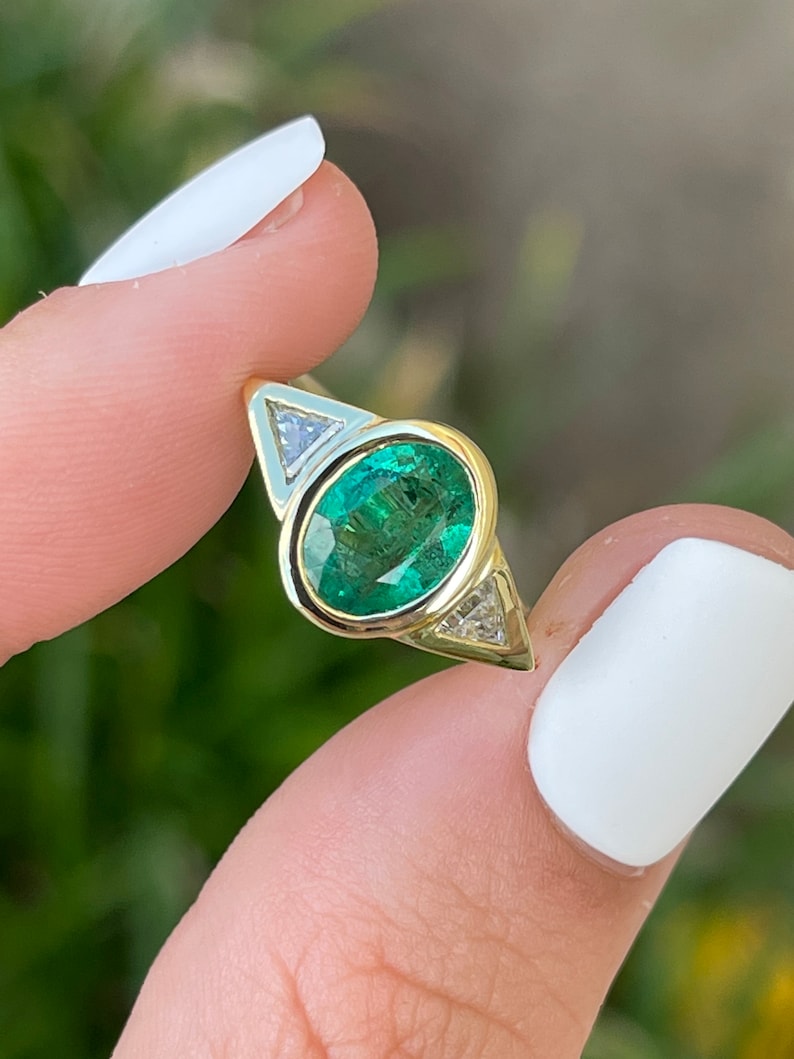 2.11tcw AAA+ 3 Stone Dark Oval Emerald & Trillion Cut Diamond Ring 18K - JR Colombian Emeralds