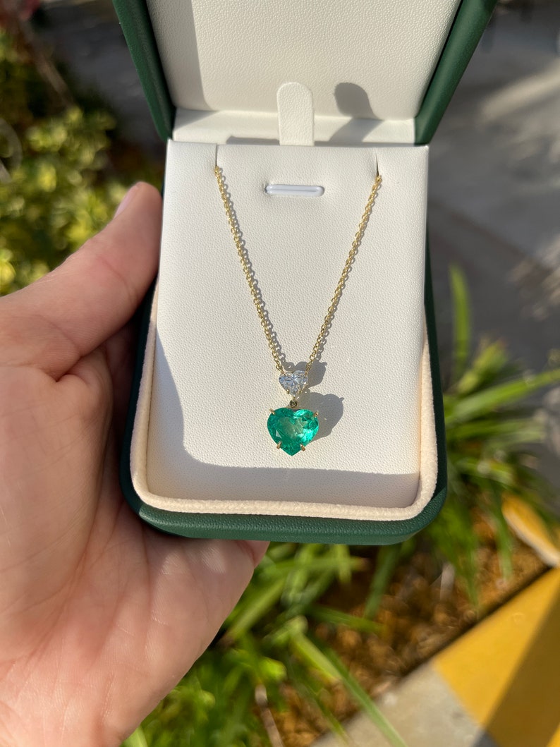 4.20tcw 18K Fine Quality Natural Heart Emerald & Diamond 2 Stone Dangle Necklace