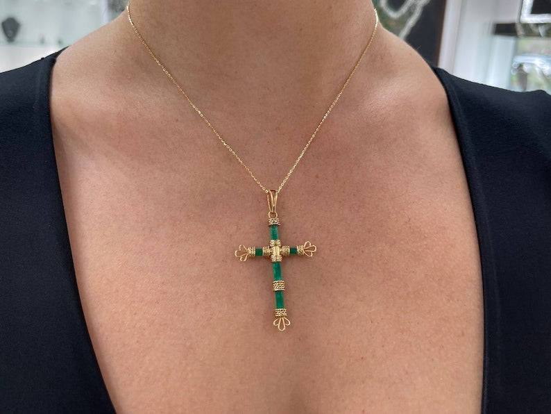 7.69tcw 18K Gold Rough Colombian Emerald Pendant Crystal Cross Pendant - JR Colombian Emeralds