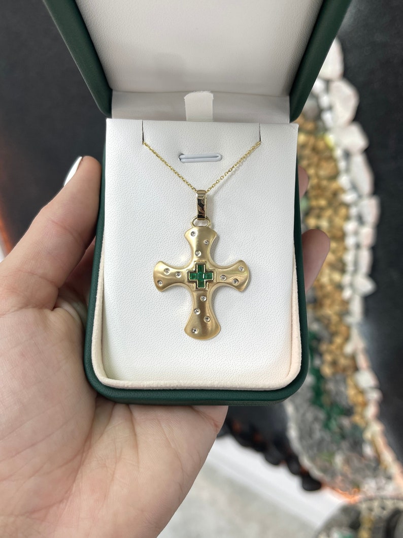 Emerald And Brilliant Cut Diamond Cross Pendant On Chain