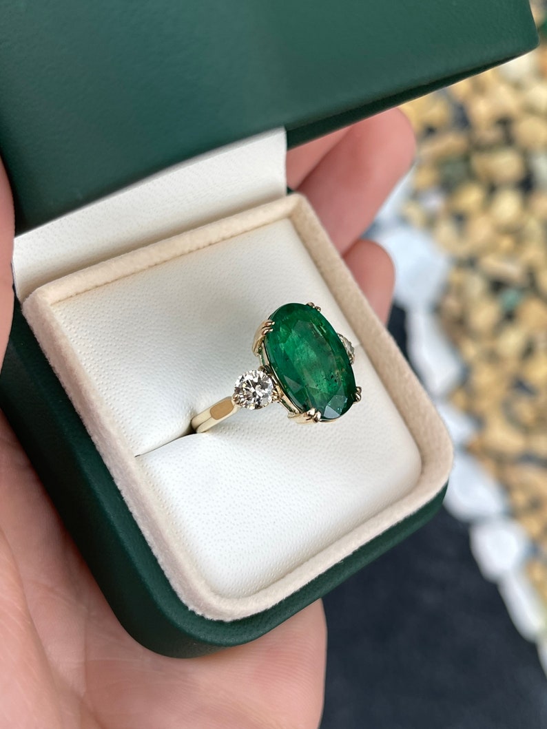 8.39tcw 14K Dark Green Oval Emerald & Round Diamond 3 Stone Double Prong Engagement Ring - JR Colombian Emeralds
