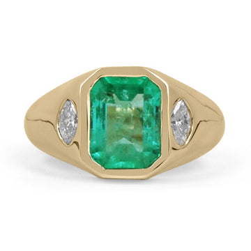 Natural Emerald Cut & Marquise Diamond 3 Stone Bezel Ring
