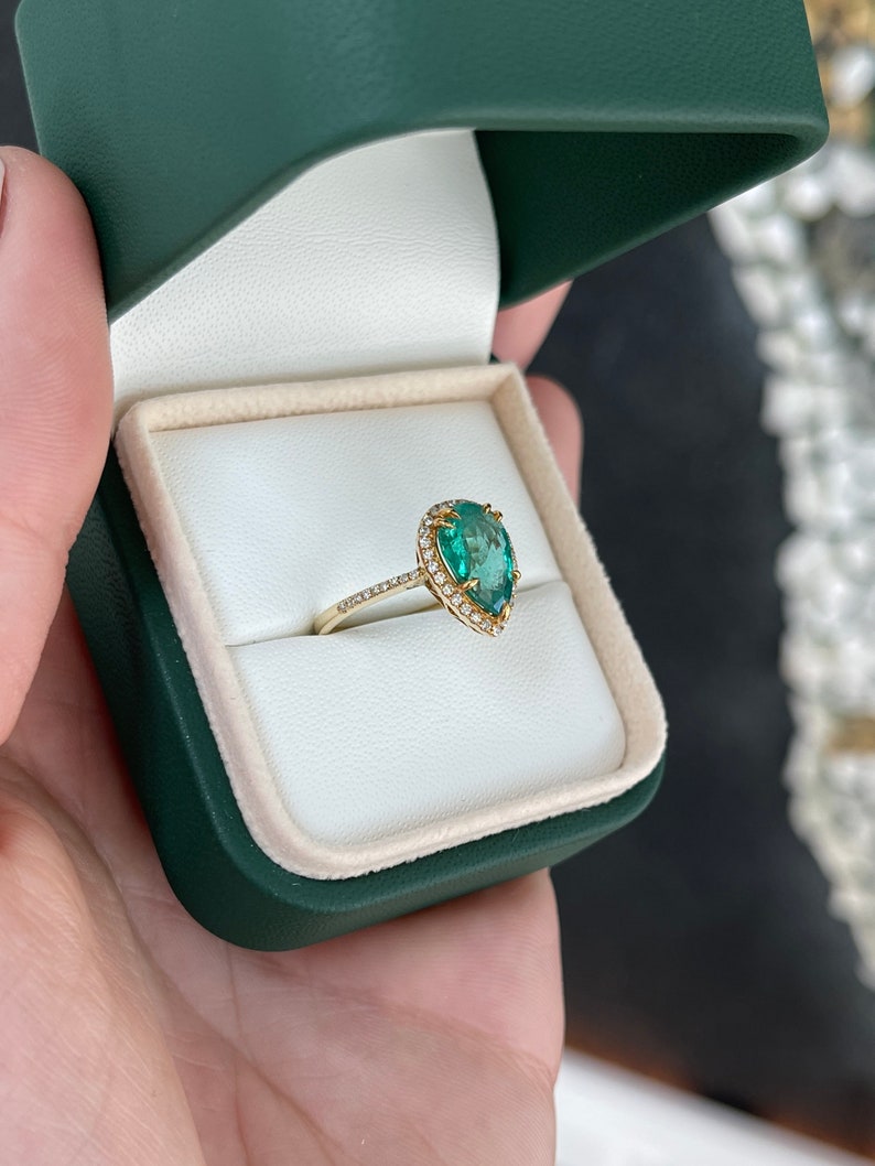 2.23tcw 14K Pear Cut Emerald & Diamond Dark Bluish Green Halo Shank Engagement Ring - JR Colombian Emeralds