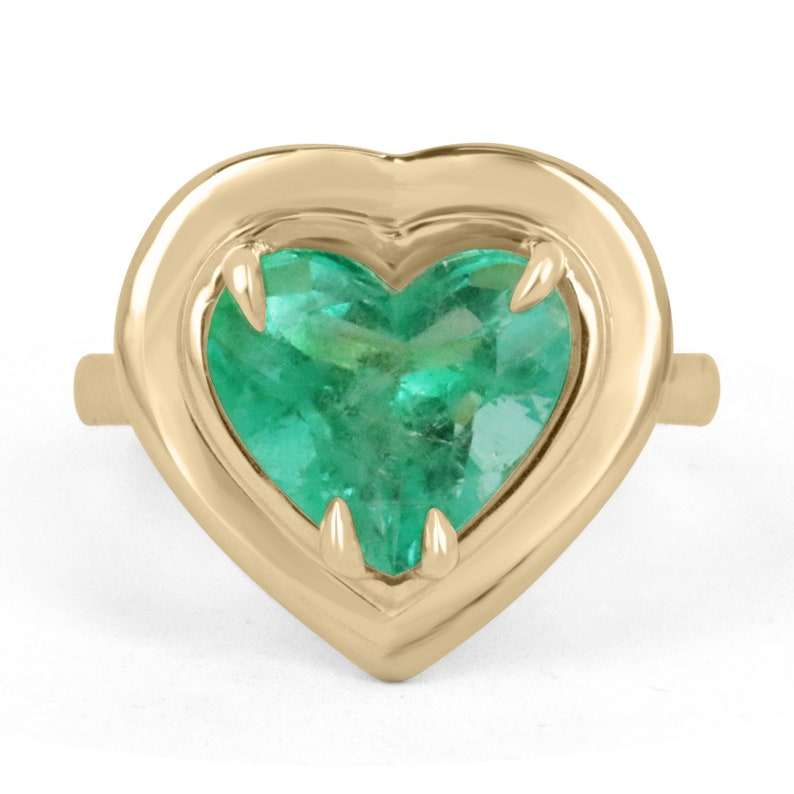 4.10 carat heart-cut Colombian emerald ring in 18K yellow gold double frame solitaire setting