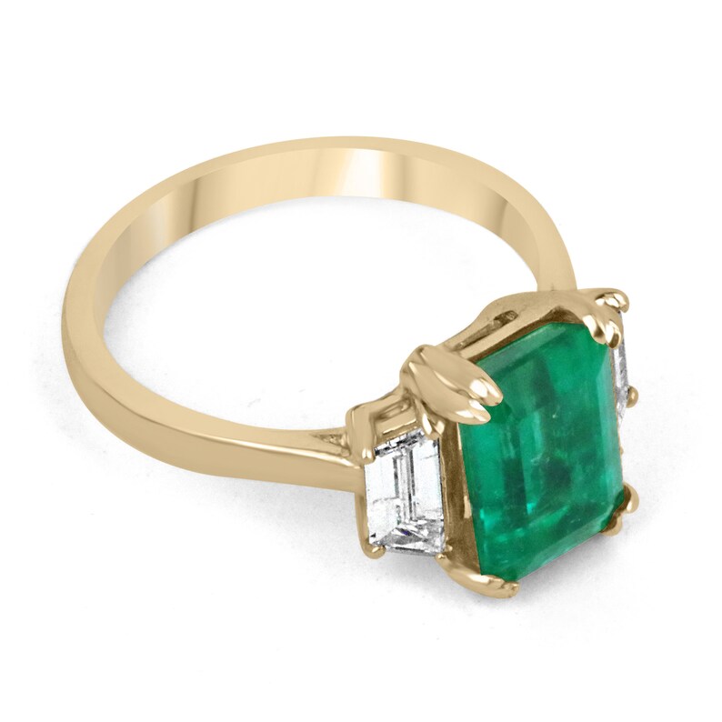 3.69tcw 18K AAA Grade Three Stone Emerald & Trapezoid Diamond Ring