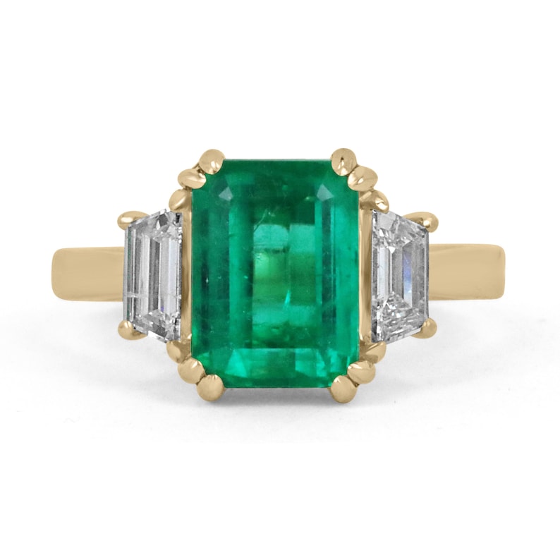 3.69tcw 18K AAA Grade Three Stone Emerald & Trapezoid Diamond Ring