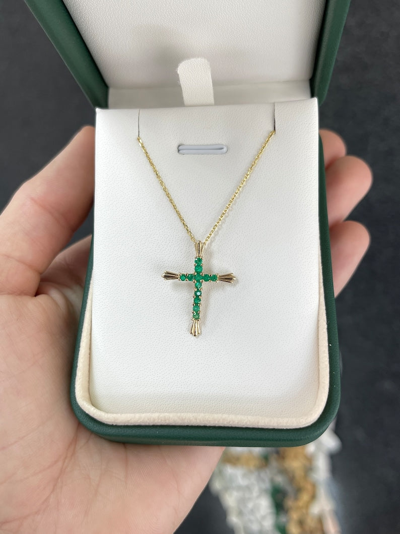 Dark Vivid Green Emerald Cross Necklace 18K