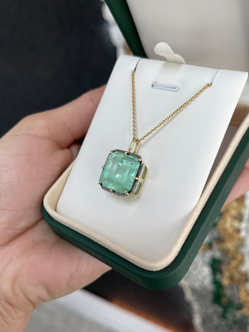 16.40ct 14K Large Emerald Georgian Styled Solitaire Pendant Necklace - JR Colombian Emeralds