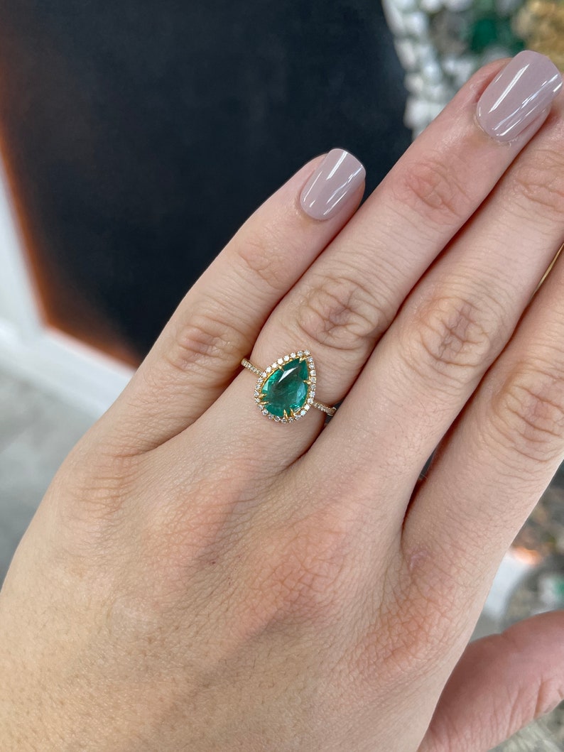 2.23tcw 14K Pear Cut Emerald & Diamond Dark Bluish Green Halo Shank Engagement Ring - JR Colombian Emeralds