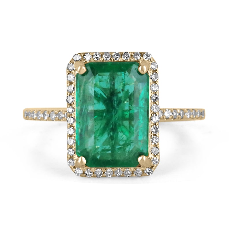 2.95tcw 14K yellow gold emerald cut green emerald ring with diamond halo floral design