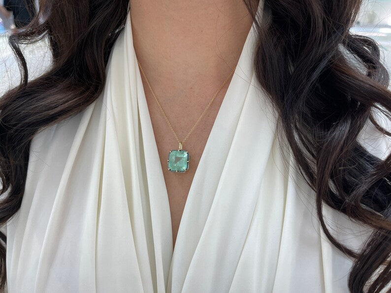 16.40ct 14K Large Emerald Georgian Styled Solitaire Pendant Necklace - JR Colombian Emeralds