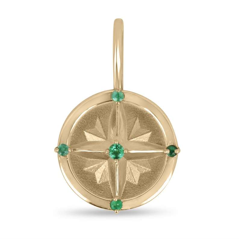 Dainty vivid medium green natural round emerald compass pendant in 14K yellow gold
