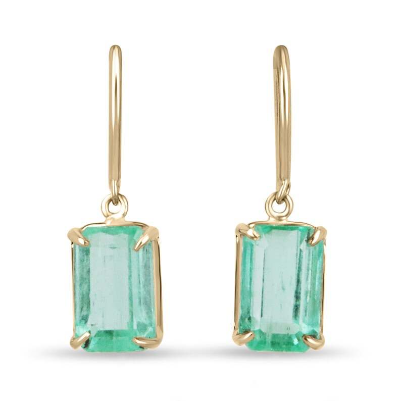 14K Gold Light Spring Green Emerald Cut Solitaire Dangle Earri