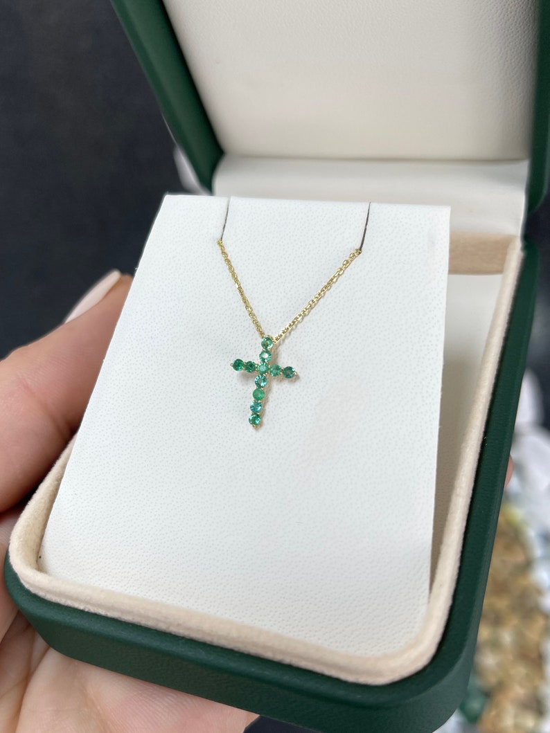 0.25tcw 14K Petite Round Cut May Emerald Religious Cross Gold Necklace