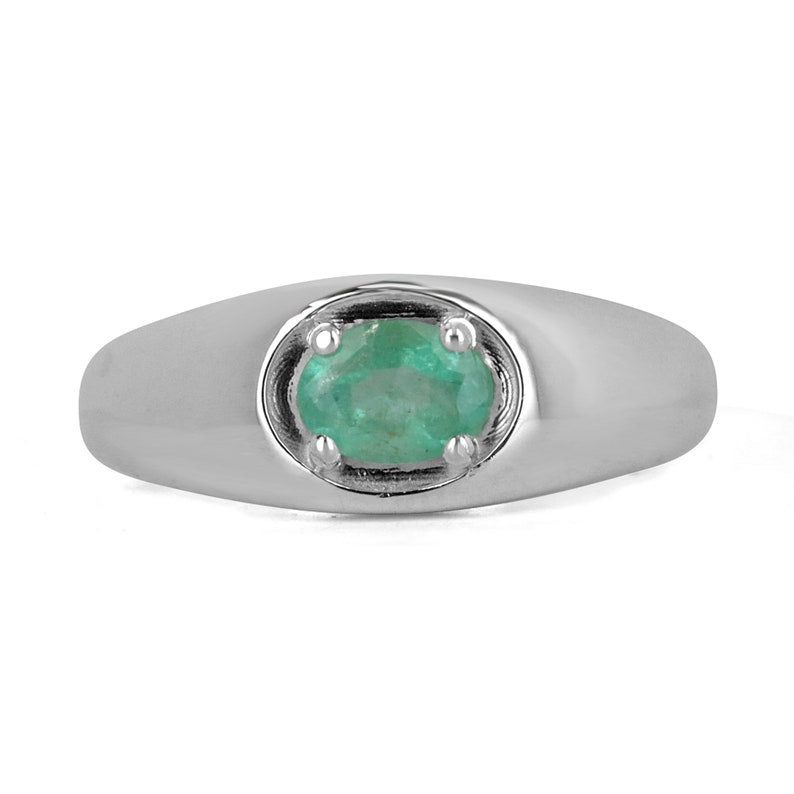 Men's oval cut natural emerald sterling silver ring with 0.80ct emerald stone