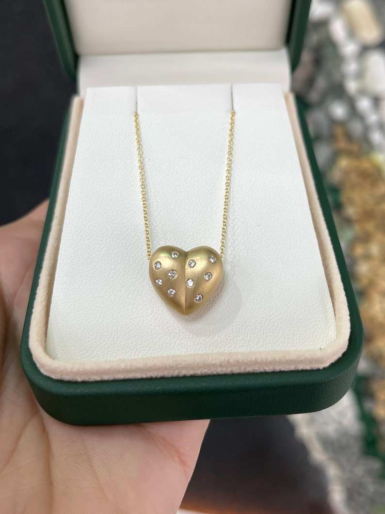 14K gold anniversary necklace with 0.30tcw 3D pave diamond heart pendant and bubble puff design, by Colombian Emerald.