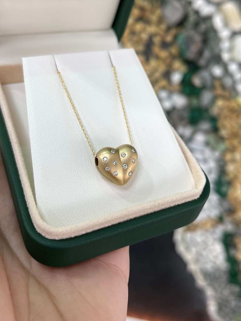 14K gold anniversary necklace with 0.30tcw 3D pave diamond heart pendant and bubble puff design, by Colombian Emerald.